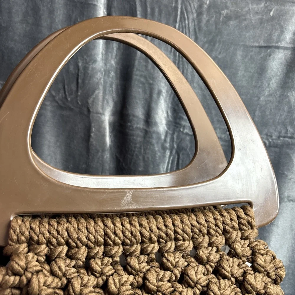 Vintage Macrame‎ Woven Purse Brown Oversized Handles 60s 70s Retro Hippie Boho